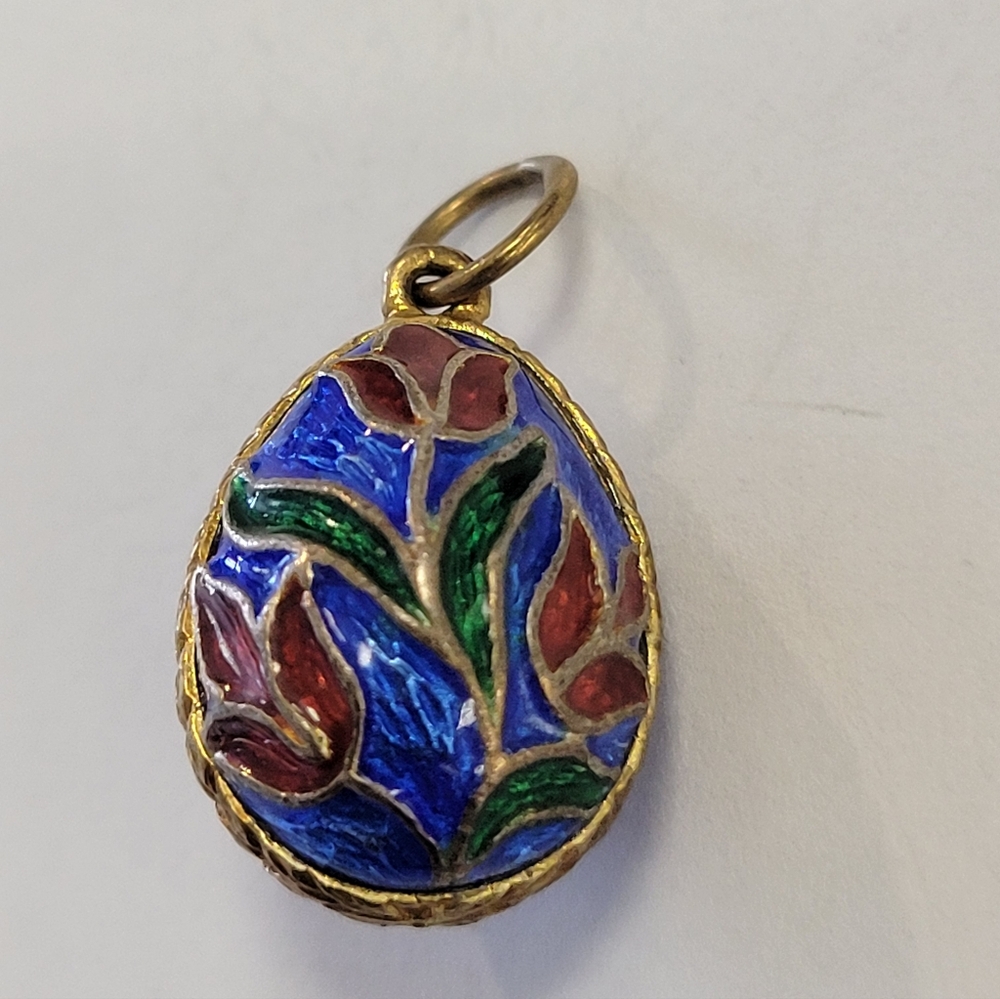 Blue Enamel and Goldtone  Egg Charm Pendant